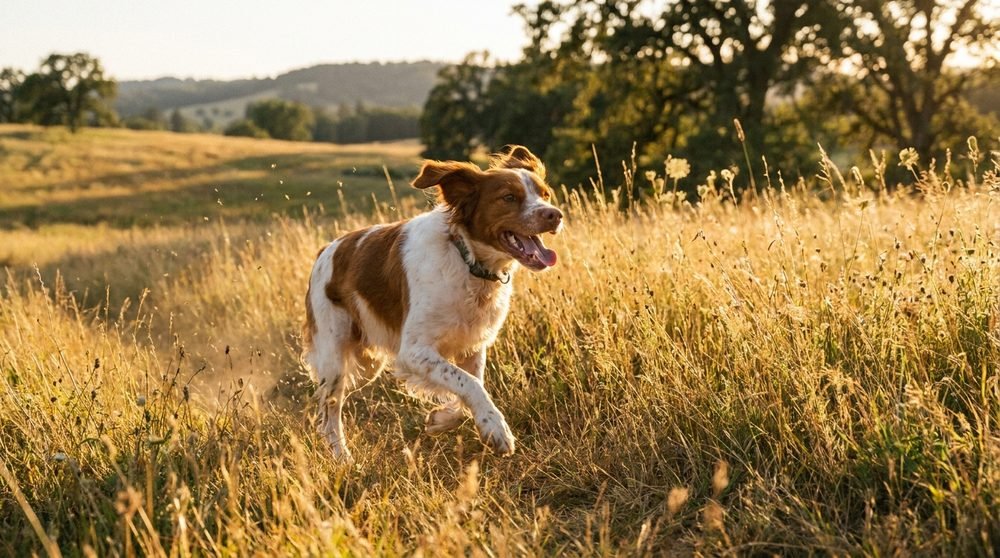 Breton che corre felice nell'erba alta in campagna nella luce dorata della sera