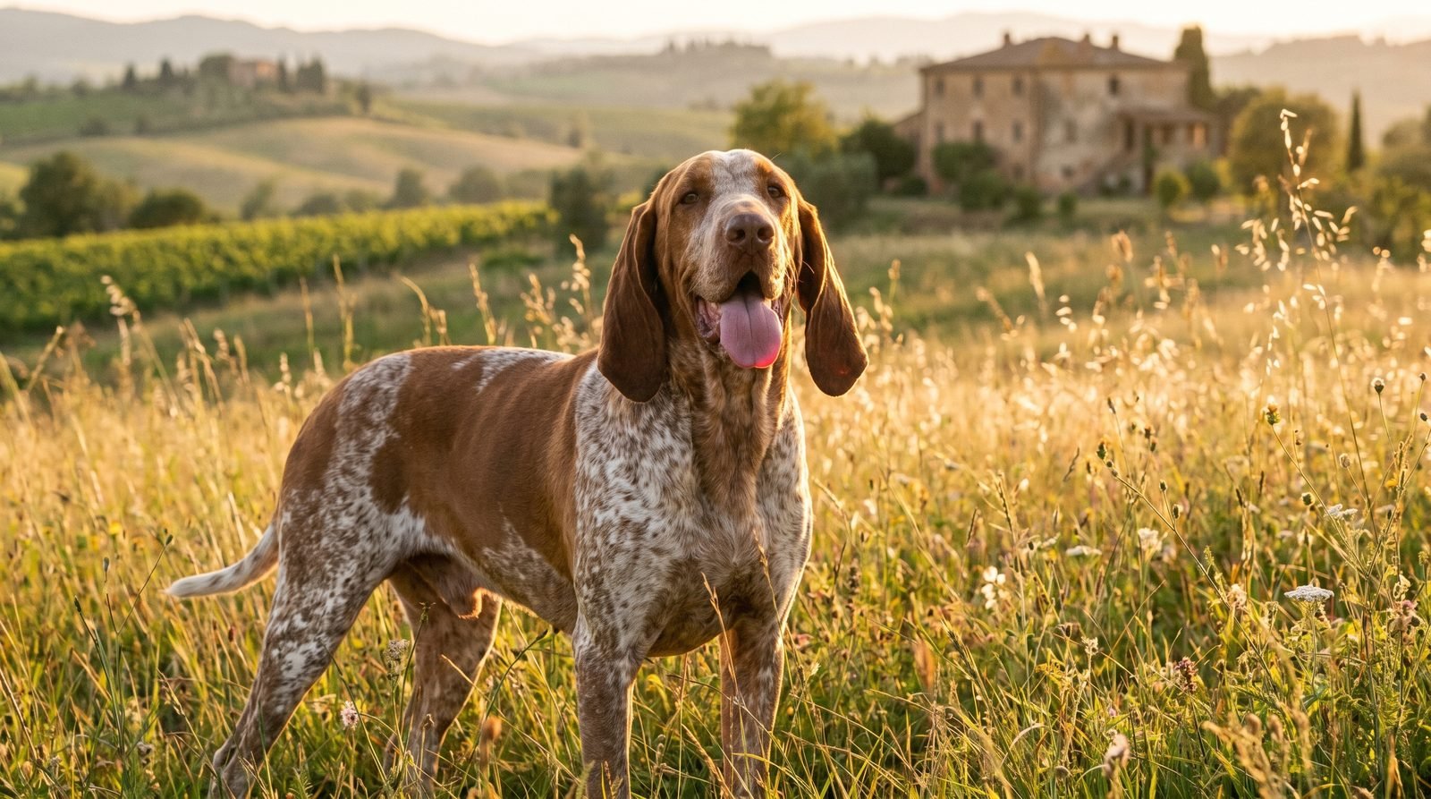 Bracco Italiano felice in un prato estivo al tramonto