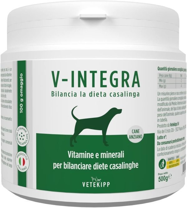 V-INTEGRA Cane Anziano 500g, integratore vitaminico-minerale per la dieta casalinga del cane senior