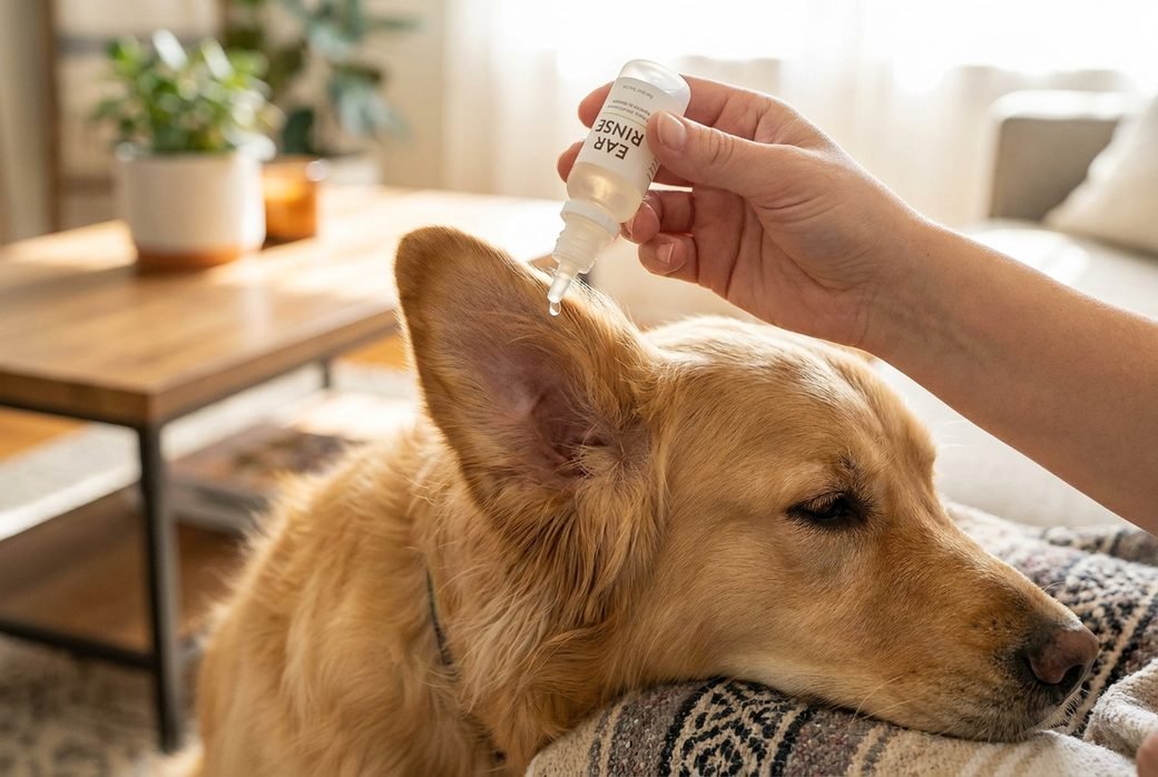 Primo piano dell'orecchio di un Golden retriever mentre viene applicato il detergente auricolare a gocce