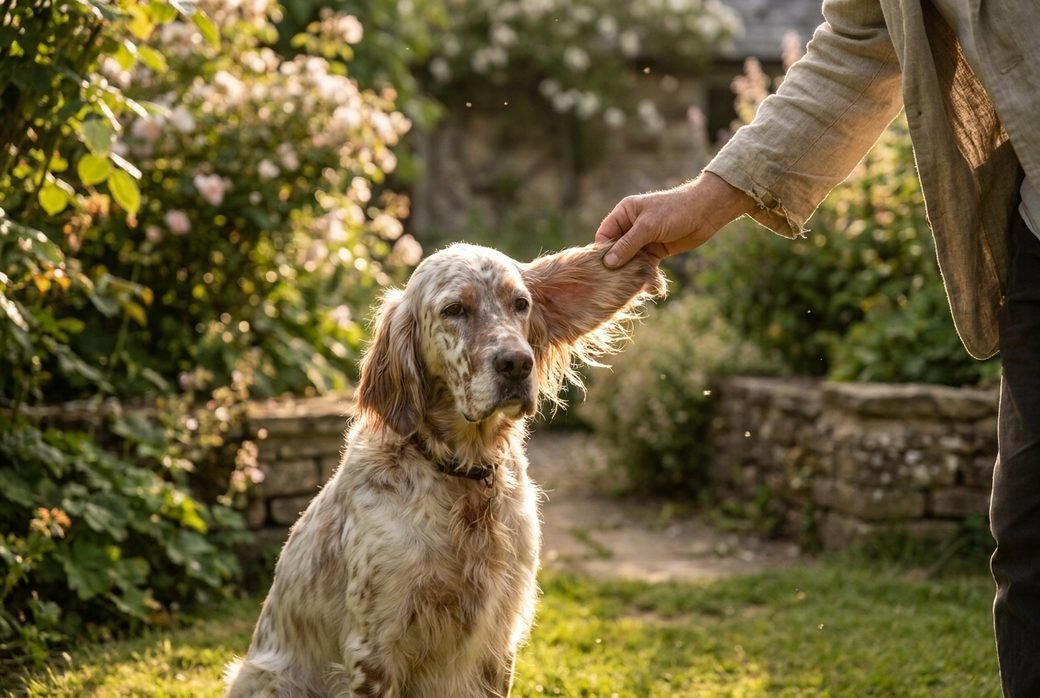 Setter inglese seduto in giardino che si lascia controllare le orecchie dal proprietario