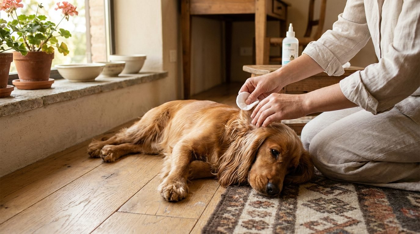 Cocker spaniel con le orecchie lunghe sdraiato mentre il proprietario gli pulisce l'orecchio con un batuffolo