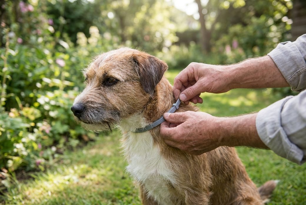 Proprietario che allaccia un collare antiparassitario al collo di un cane meticcio in giardino
