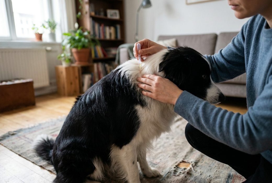 Proprietario che applica una pipetta spot-on tra le scapole di un Border Collie in casa