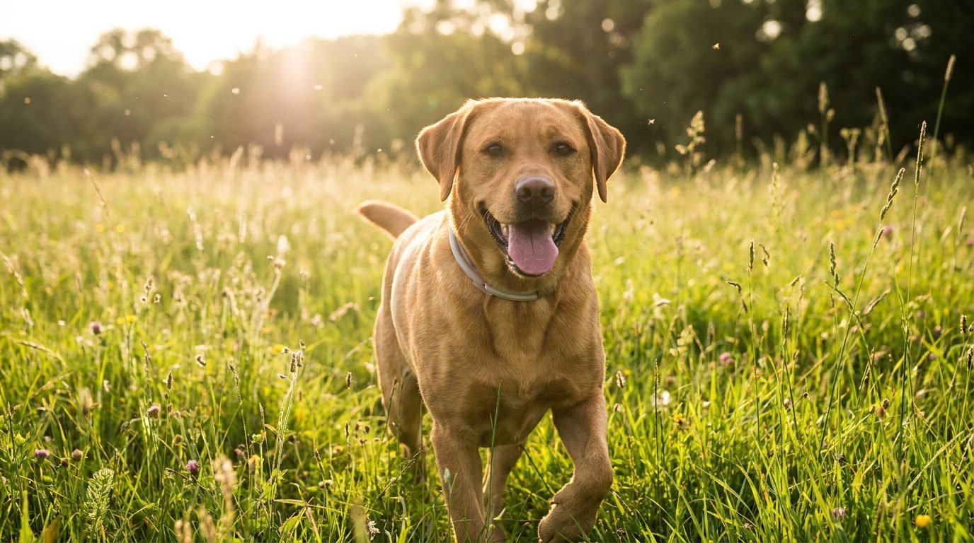 Labrador che corre in un prato estivo al tramonto indossando un collare, stagione di zanzare e pappataci