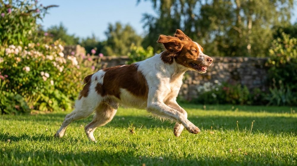 Brittany Spaniel atletico che corre in giardino