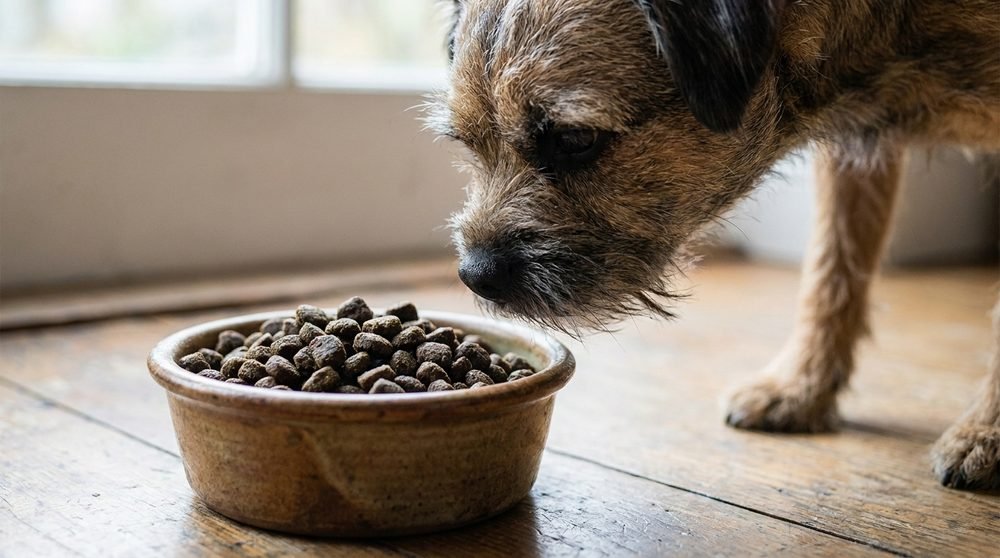 Crocchette premium grain-free in una ciotola con un Border Terrier curioso