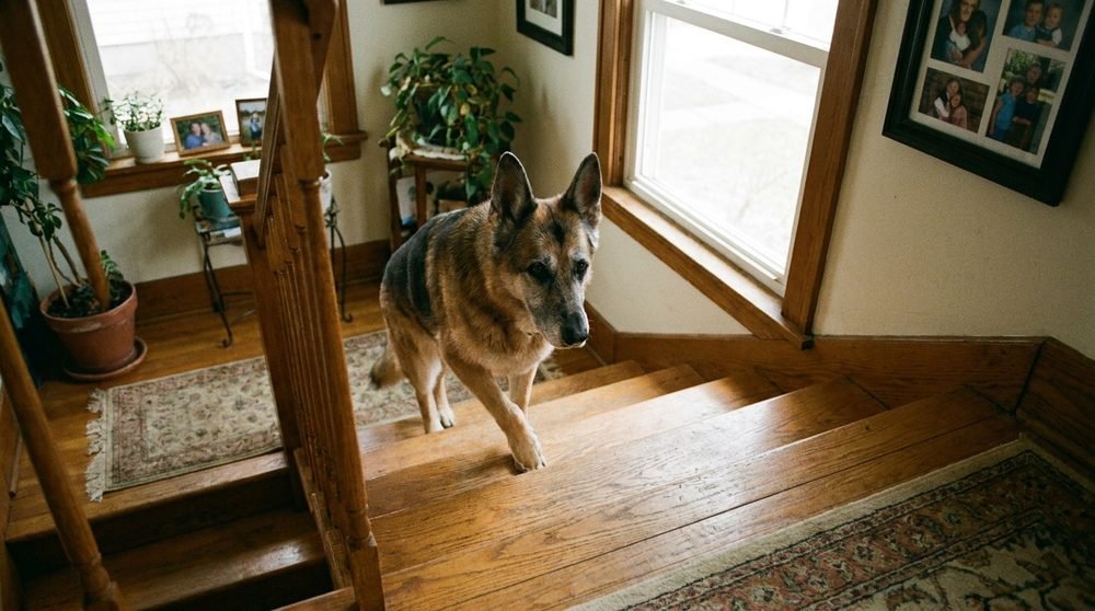 Labrador adulto che sale le scale di casa con un po' di fatica, dettaglio sulle zampe posteriori
