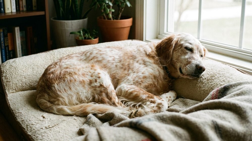 Cane meticcio anziano disteso sereno su un tappeto in salotto, postura rilassata