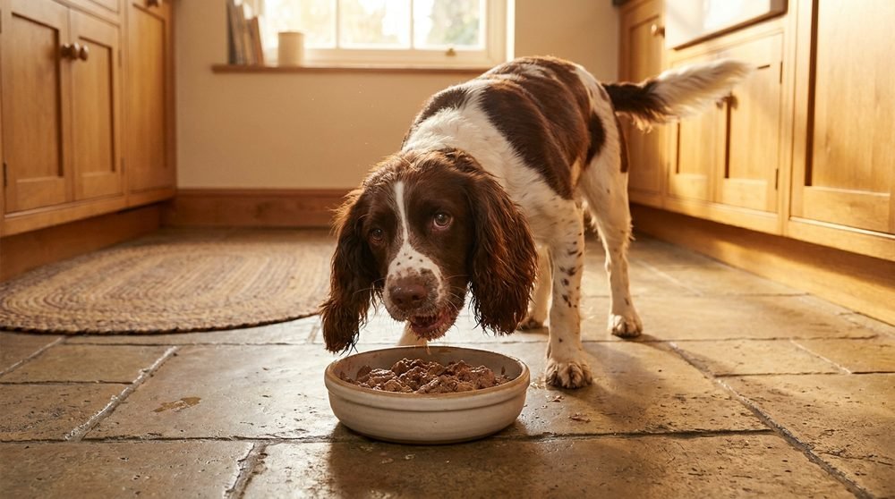Cane di taglia media che mangia crocchette da una ciotola in cucina, primo piano