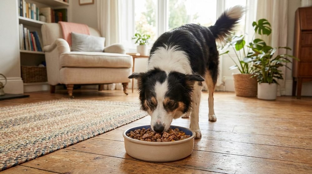 Ciotola con crocchette e una cucchiaiata di cibo umido sopra, esempio di alimentazione mista, con un cane sereno accanto