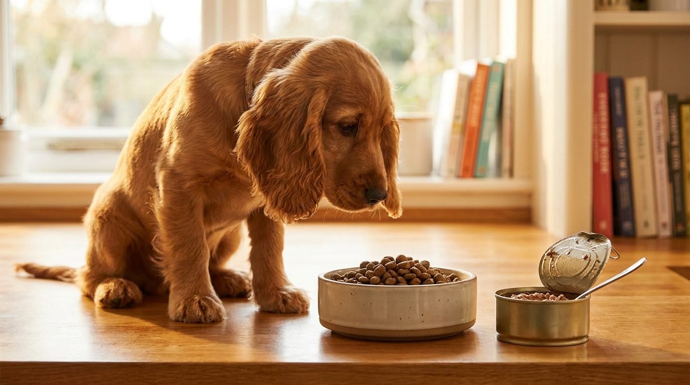 Ciotola di crocchette accanto a una vaschetta di cibo umido, con un cane che annusa il pasto in cucina