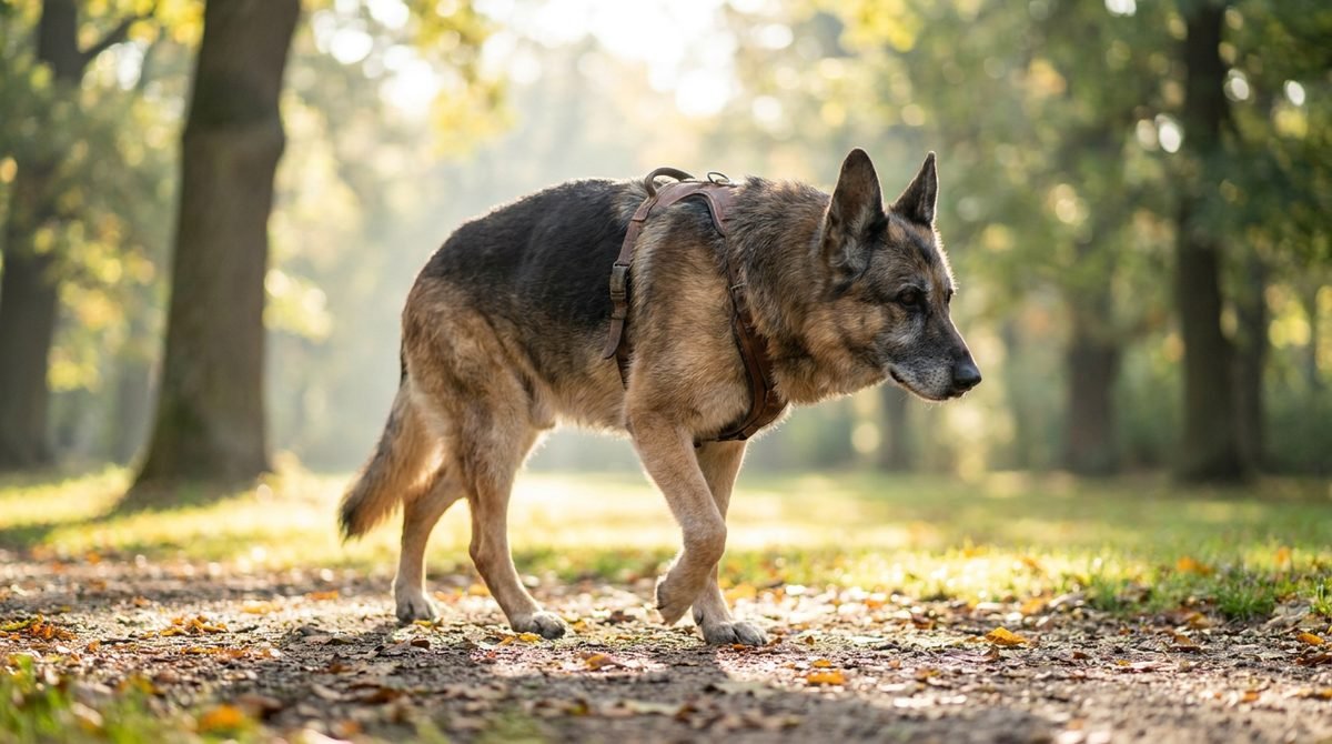 Golden retriever anziano che cammina sereno in un parco, dettaglio sulle zampe posteriori