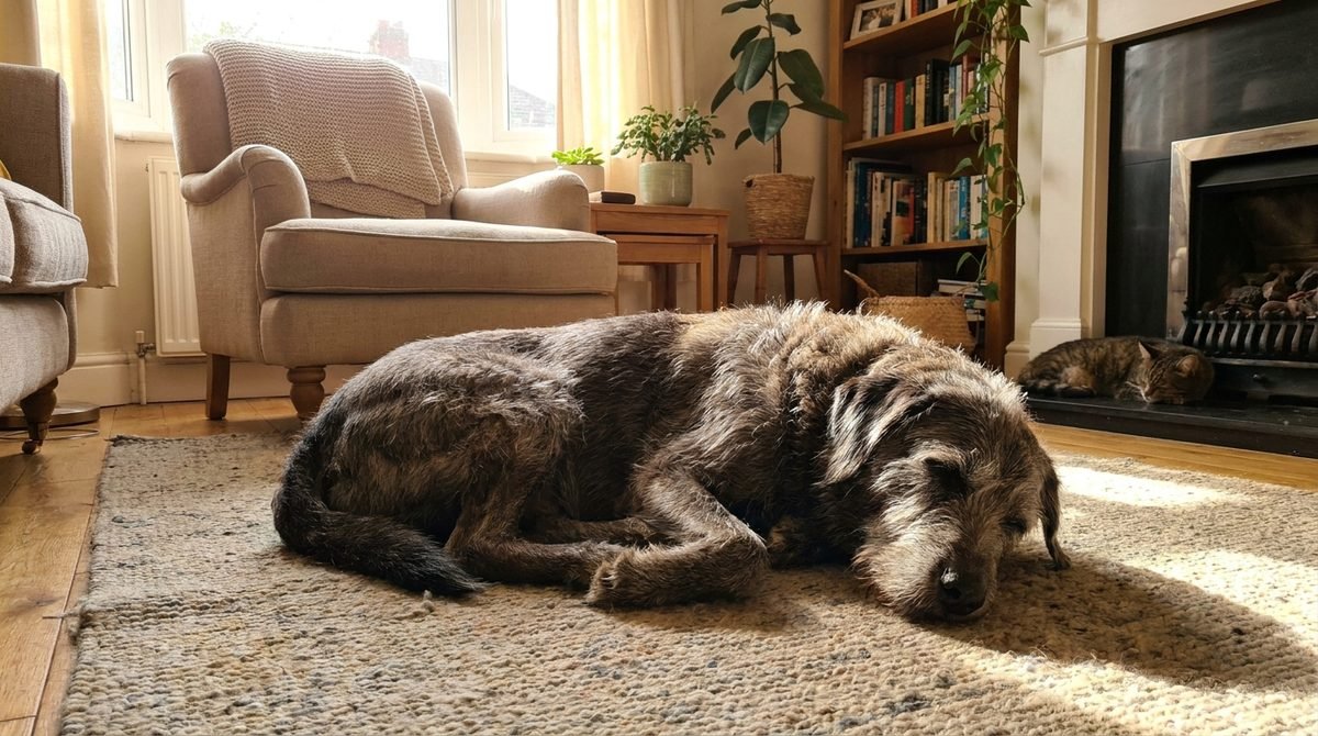 Cane anziano di taglia grande disteso su un tappeto in casa, dettaglio postura rilassata