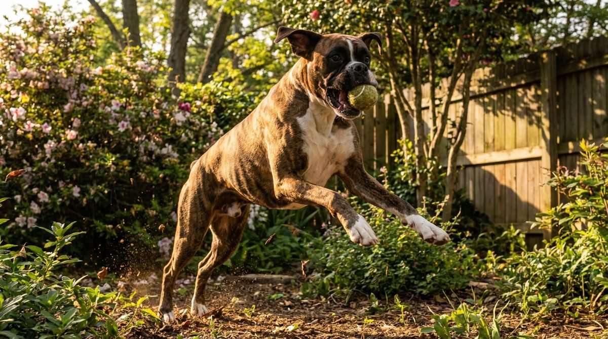 Boxer adulto che salta in giardino per prendere una pallina, articolazioni in movimento, luce mattutina