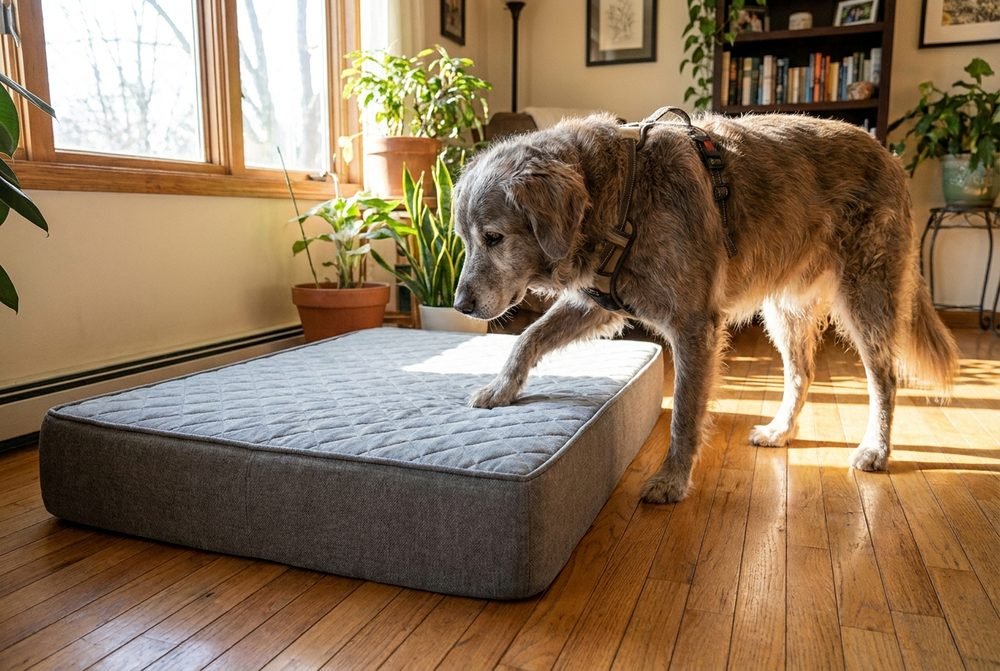 Cane anziano meticcio che sale con cautela su un lettino in memory foam su pavimento in legno