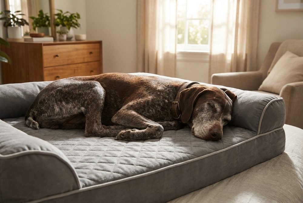 Cane anziano di taglia grande dal muso grigio che dorme profondamente su un lettino ortopedico con bordi