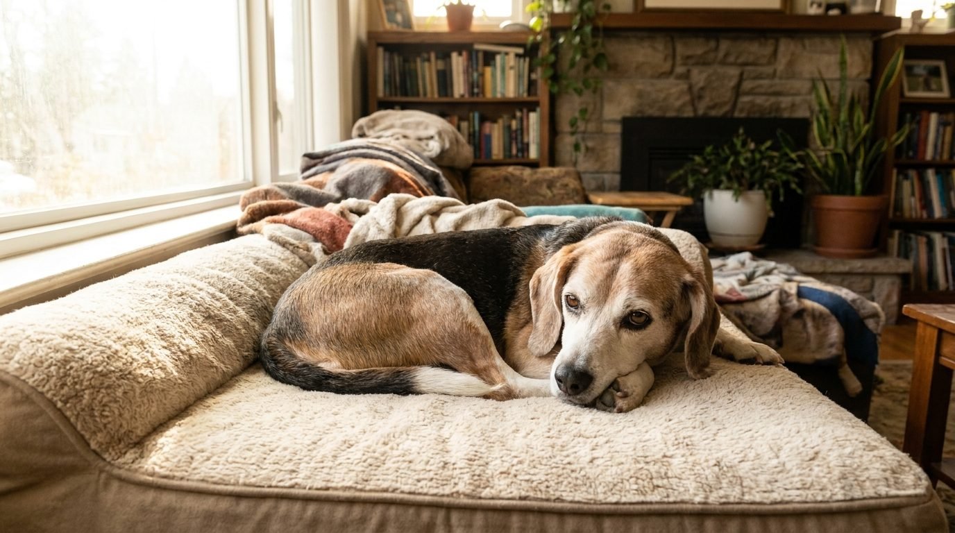 Cane anziano Beagle dal muso grigio che riposa sereno su un lettino ortopedico in salotto