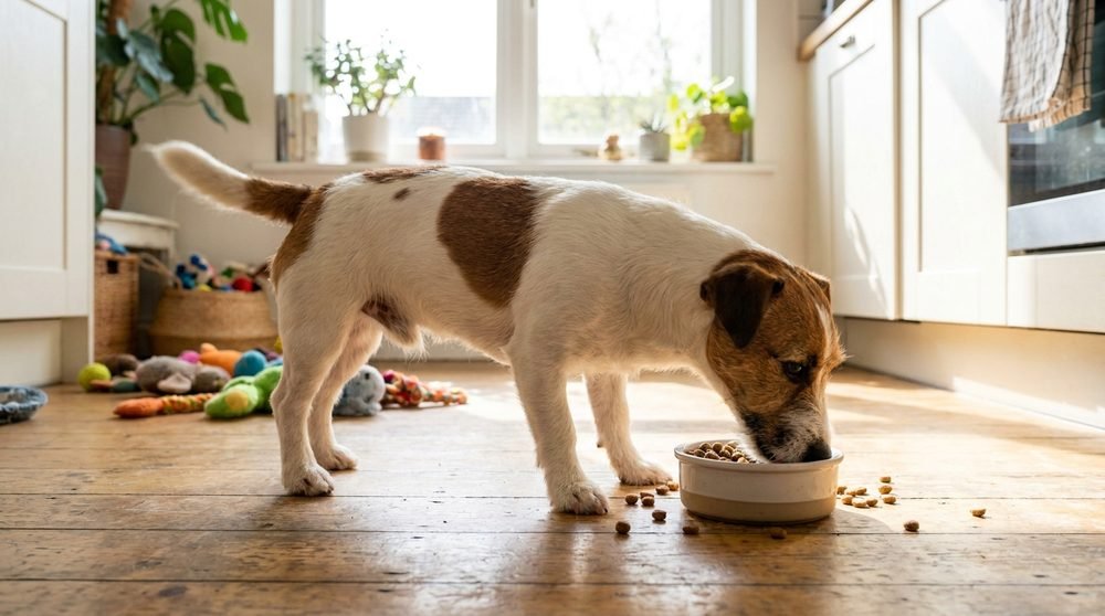 Jack Russell Terrier che mangia crocchette piccole dalla ciotola