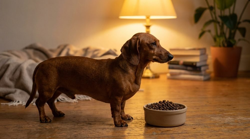 Bassotto accanto a una ciotola di crocchette per cani di piccola taglia