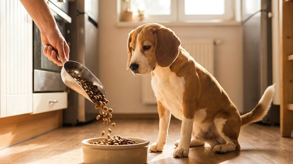 Mano che versa crocchette nella ciotola mentre un beagle aspetta