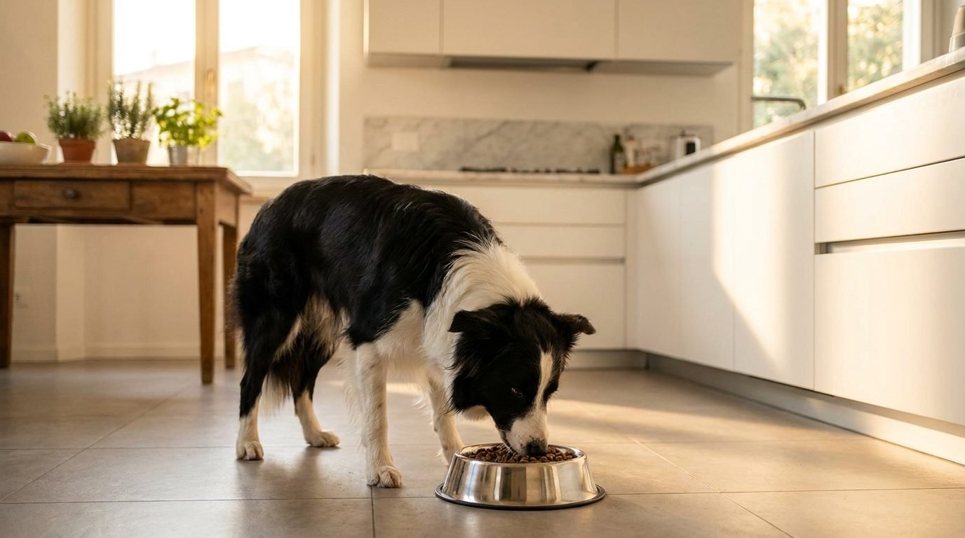 Border Collie adulto che mangia crocchette da una ciotola in cucina