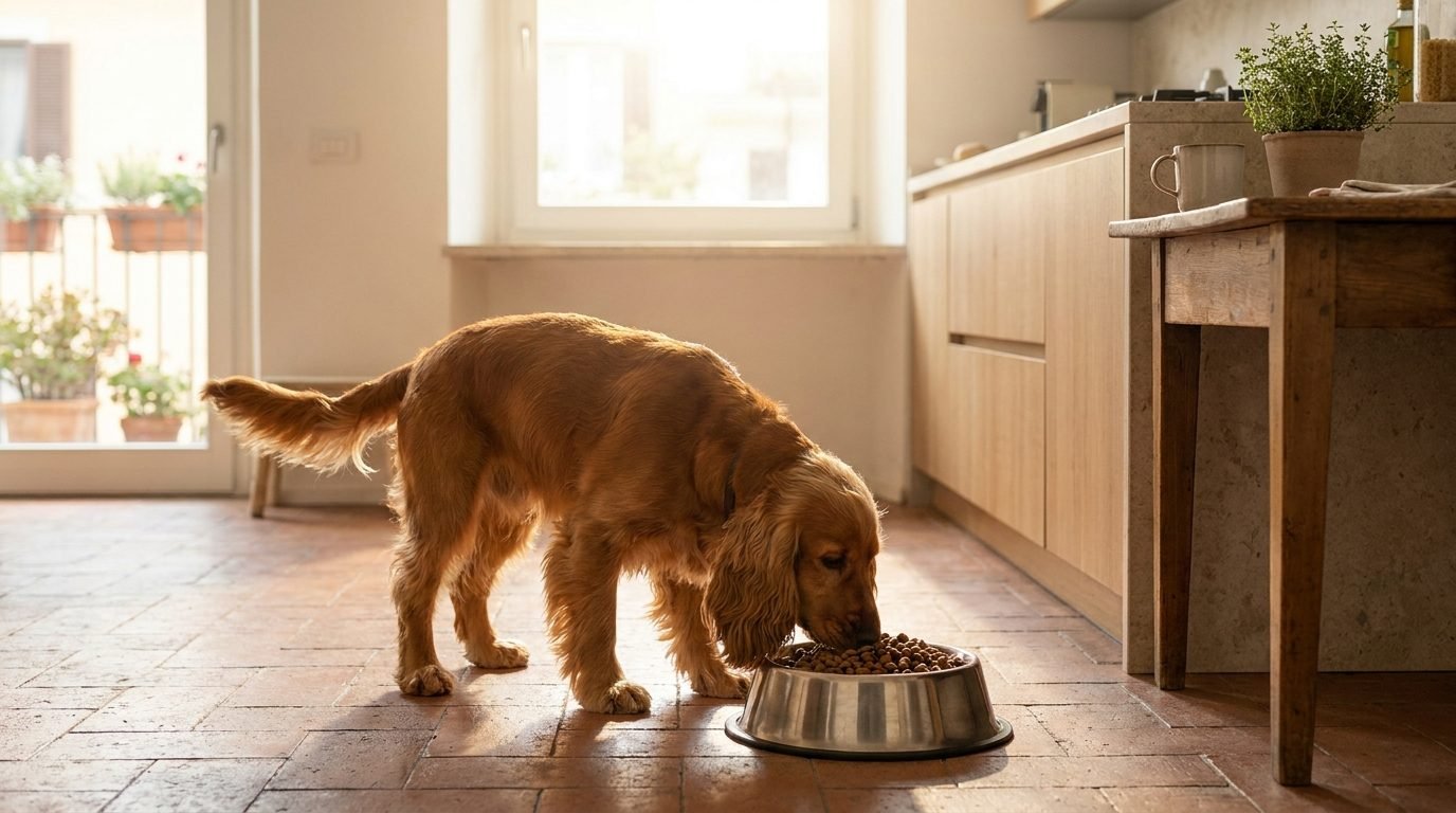 Cane Cocker Spaniel adulto che mangia crocchette dalla ciotola in cucina