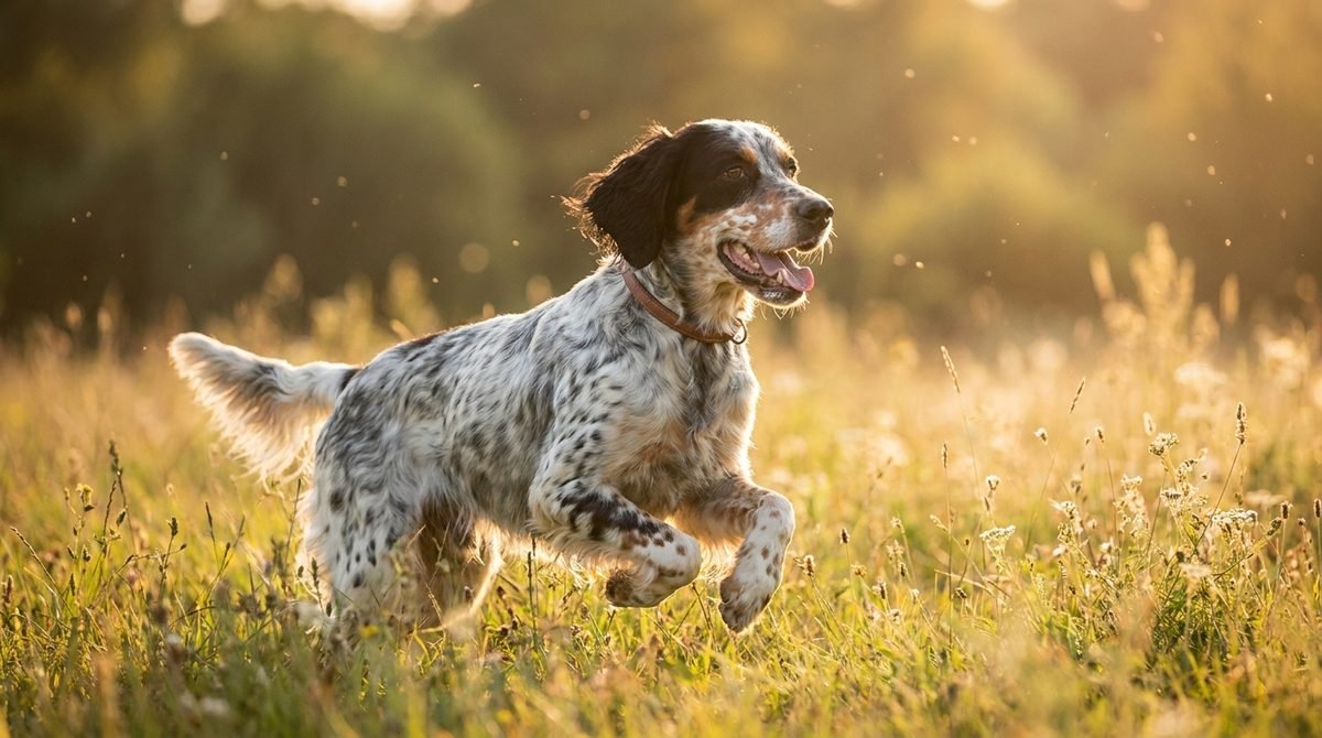 Setter inglese che corre in un prato estivo con collare antiparassitario, luce dorata