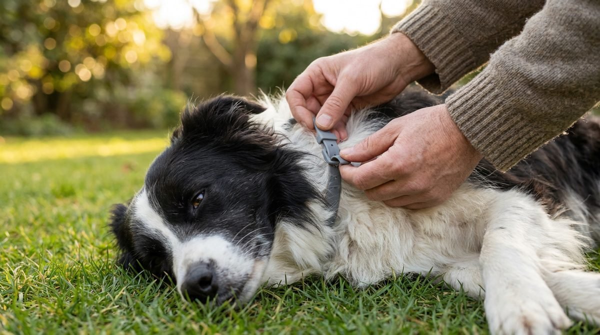 Border collie sdraiato all'aperto mentre il proprietario gli mette il collare antiparassitario