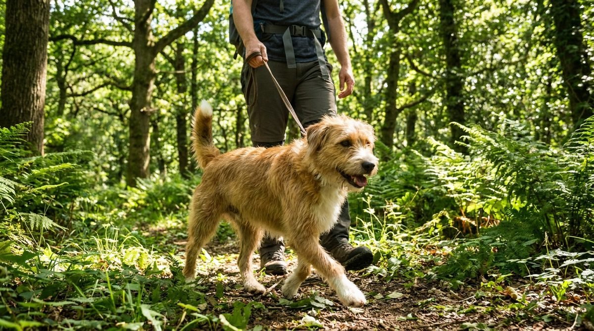 Cane di taglia media che passeggia in un bosco con il proprietario, ambiente a rischio zecche