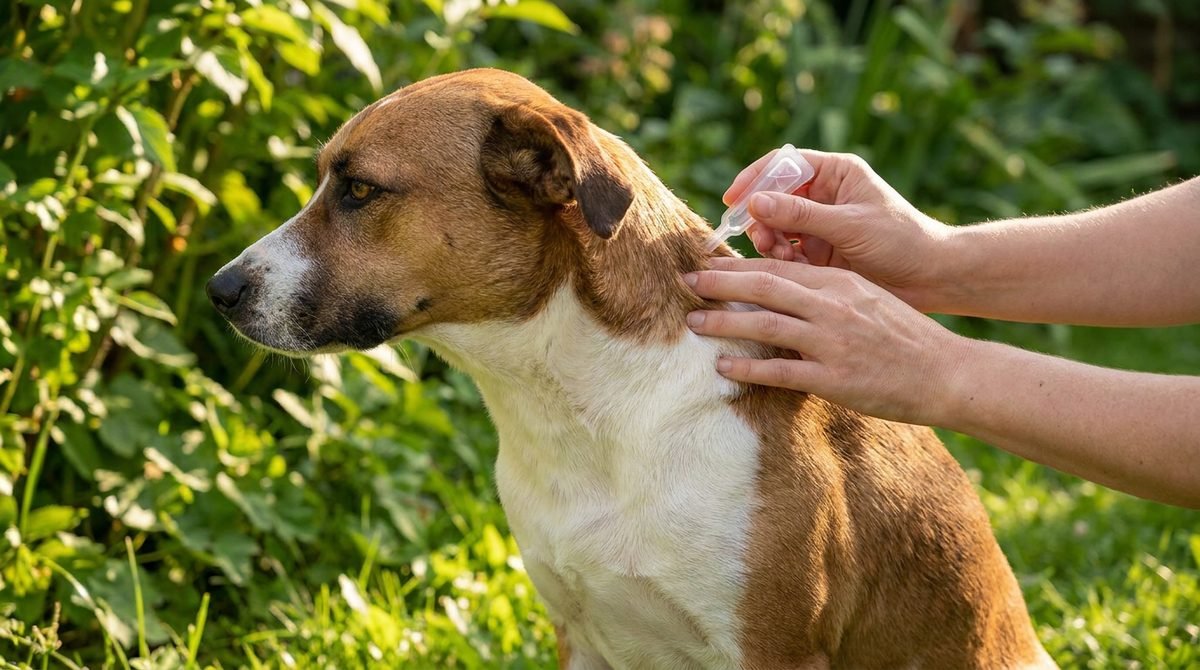 Cane meticcio adulto in giardino mentre riceve l'applicazione della pipetta spot-on sul collo