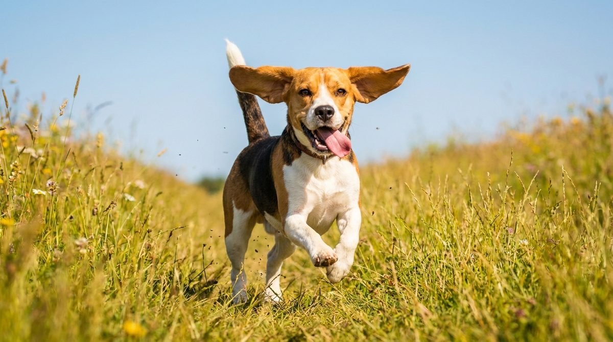 Labrador che corre in un campo estivo, ambiente esposto a pulci e zecche