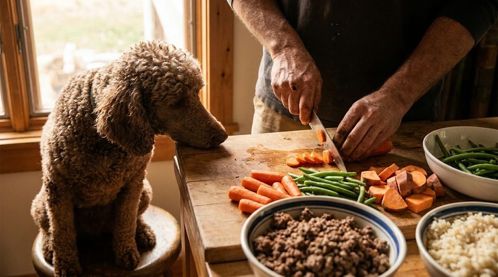 Preparazione del pasto casalingo da bilanciare con V-Integra cane adulto, con un Barboncino che osserva