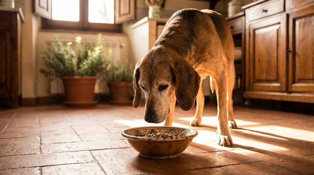 Segugio anziano dal muso brizzolato che mangia dalla ciotola in cucina
