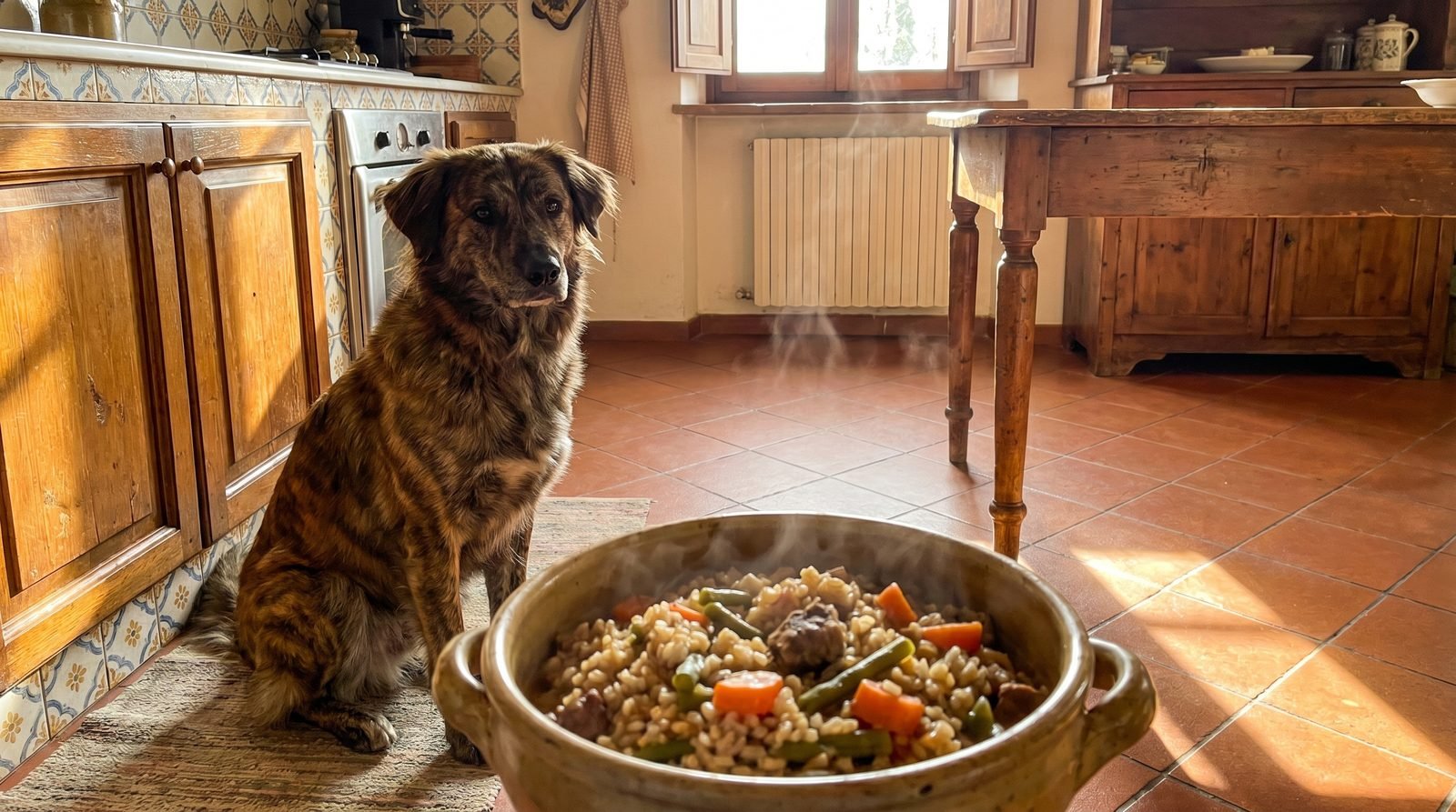 Cane meticcio tigrato che aspetta accanto a una ciotola di cibo casalingo in cucina