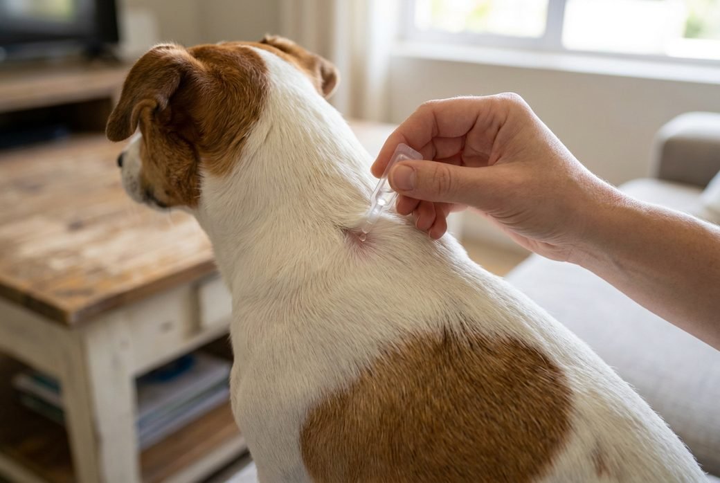 Applicazione di una pipetta spot-on tra le scapole di un Jack Russell Terrier