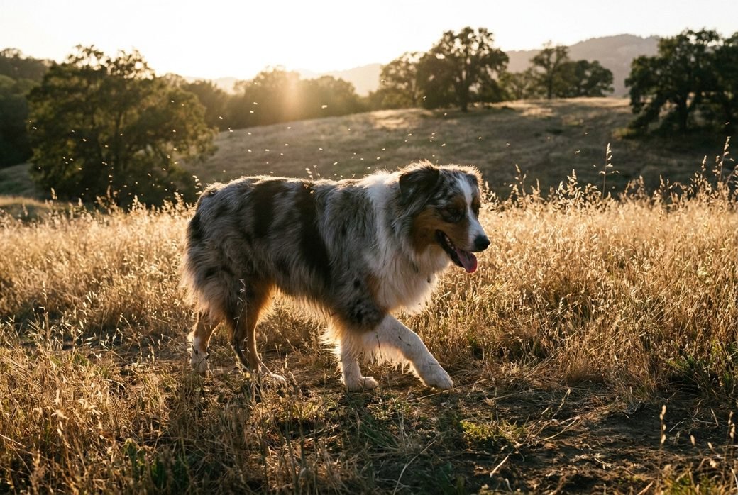 Australian Shepherd che cammina nell'erba alta al tramonto, ora dei pappataci