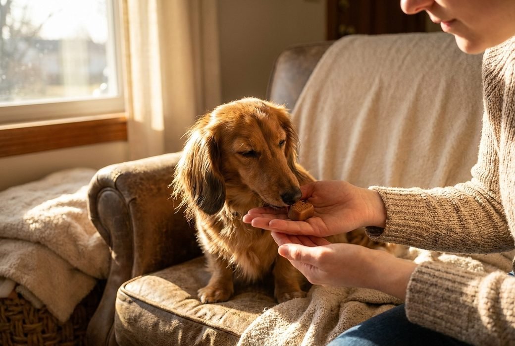 Persona che offre a mano un bocconcino calmante a un Bassotto tranquillo in casa