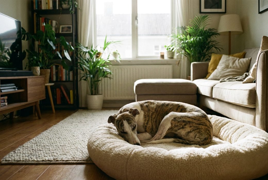 Whippet che dorme sereno su una cuccia in una casa luminosa e tranquilla