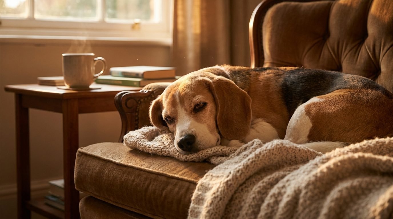 Beagle tranquillo acciambellato sul divano in un salotto con luce calda