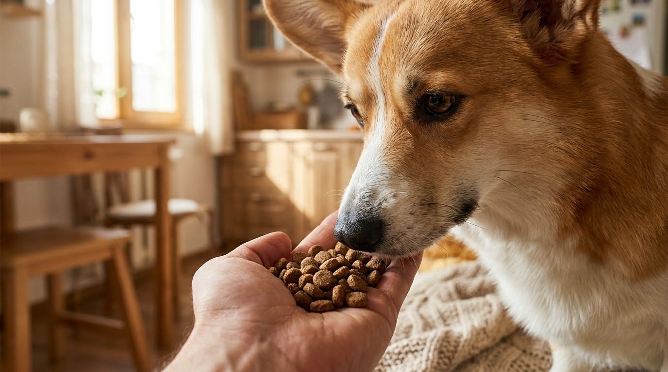 Welsh Corgi che annusa le crocchette nella mano di una persona