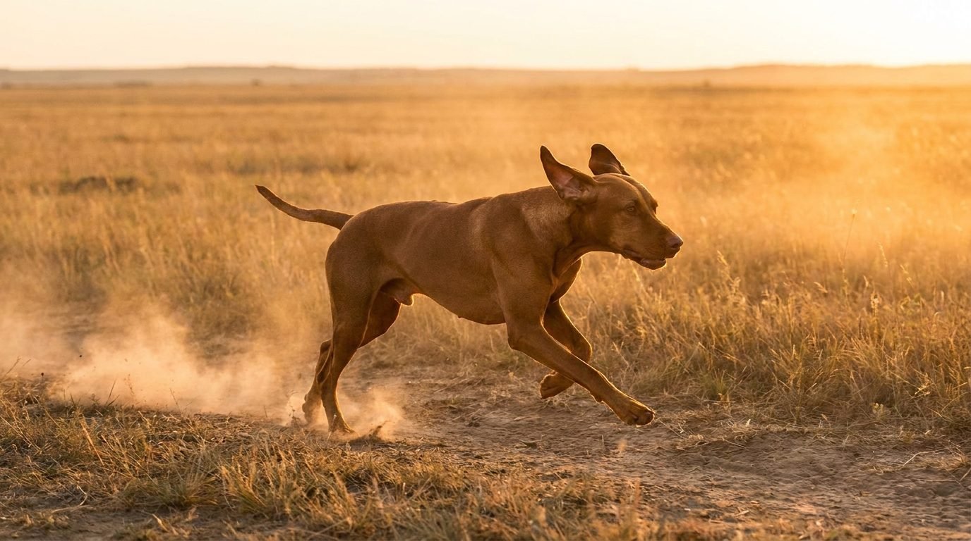 Vizsla ungherese che corre in un campo aperto al tramonto