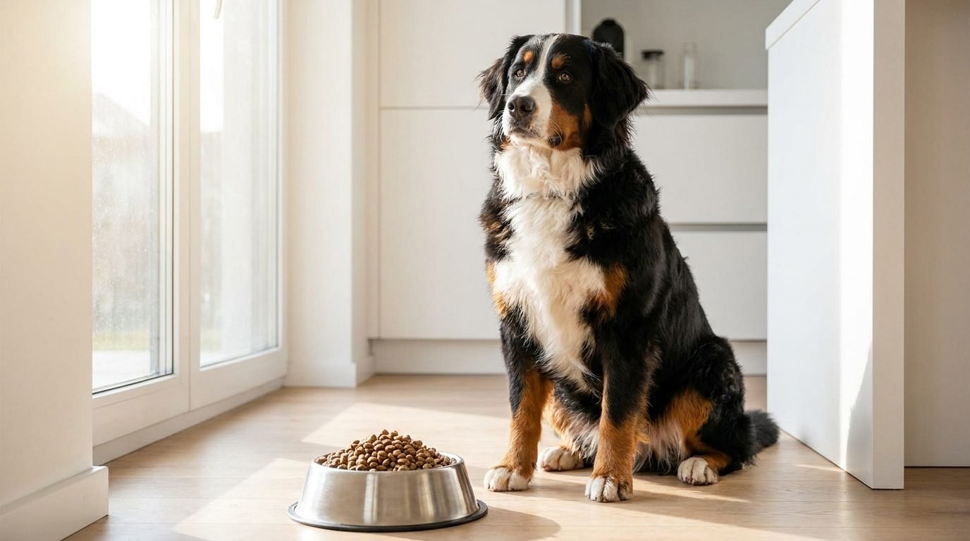 Bovaro del Bernese in attesa accanto alla ciotola di crocchette in cucina