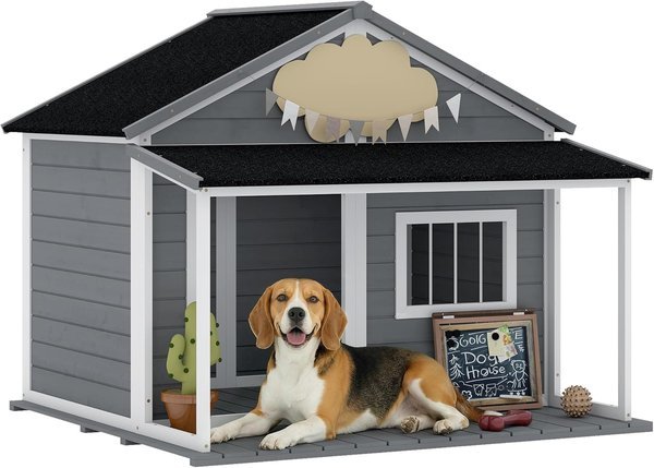 PawHut cuccia per cani in legno con tetto in bitume finestra e terrazza