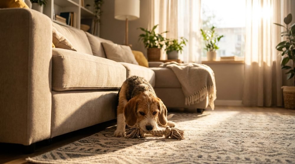 Cucciolo di Beagle che gioca in salotto: il momento migliore per sottoscrivere una polizza è quando il cane è giovane e sano