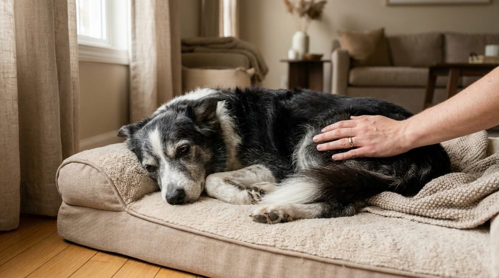 Cane anziano che riposa sereno sulla sua cuccia: con una polizza attiva da anni resta coperto anche da senior