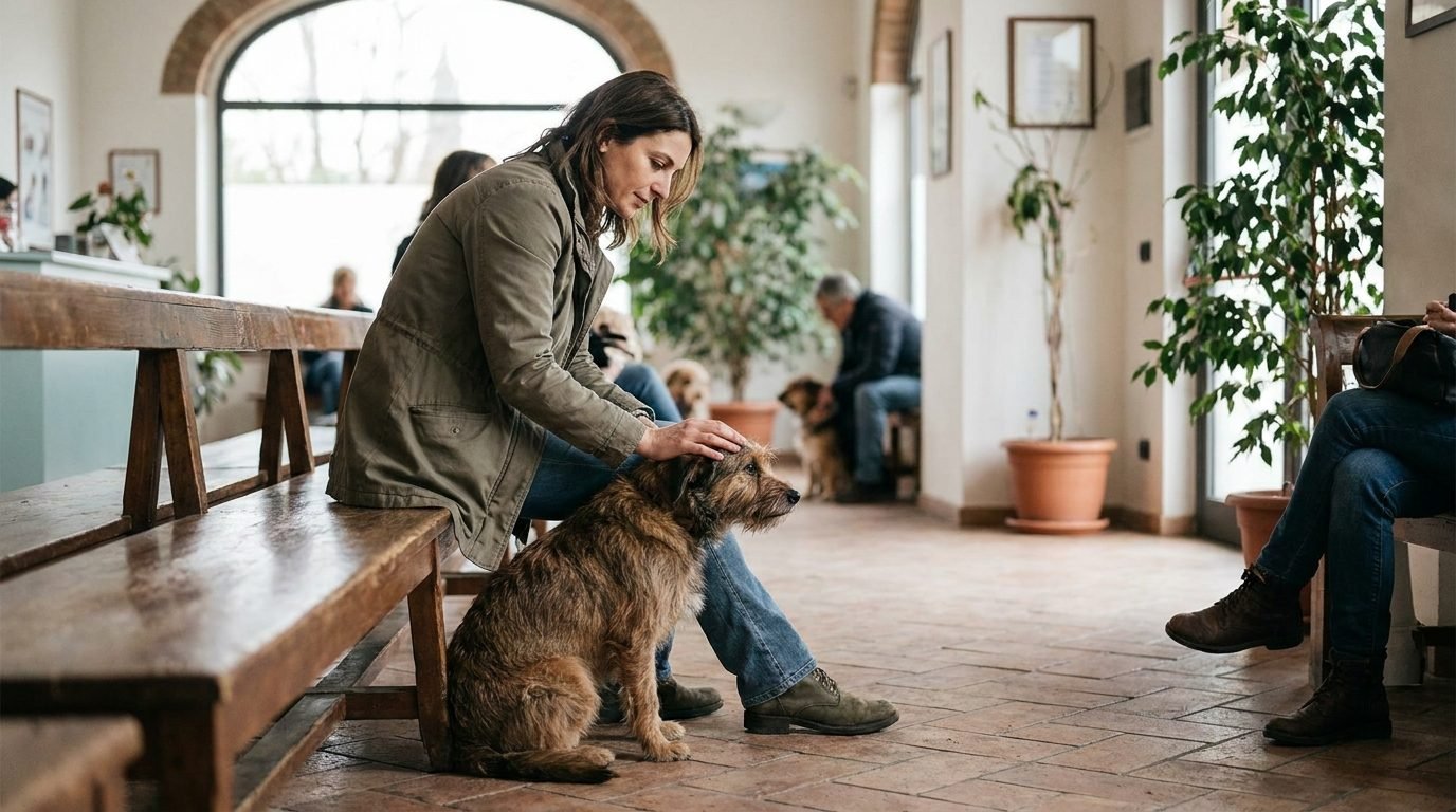 Pet parent con il suo cane nella sala d'attesa di una clinica veterinaria