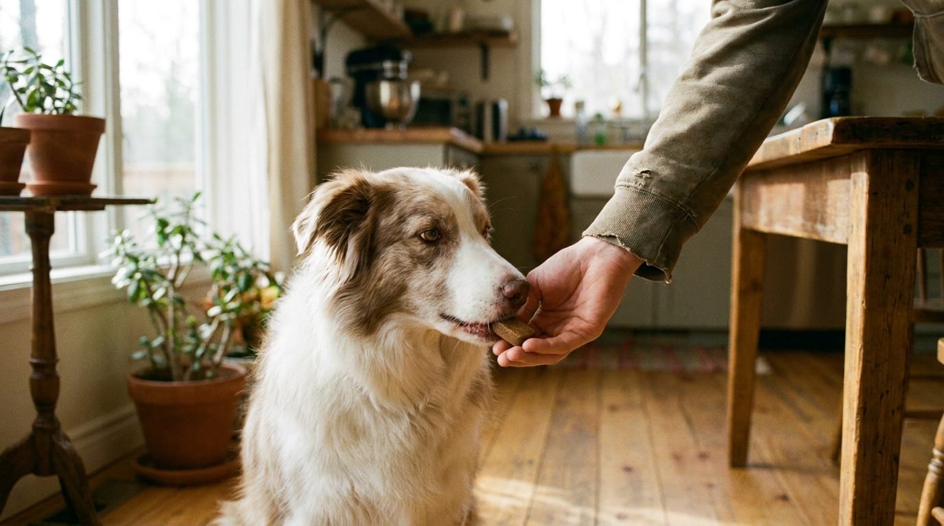 Border Collie riceve una compressa masticabile antiparassitario in cucina
