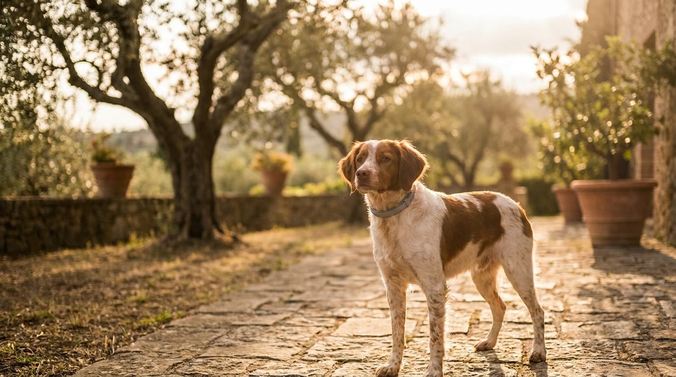 Cane di taglia media con collare antiparassitario in un giardino estivo