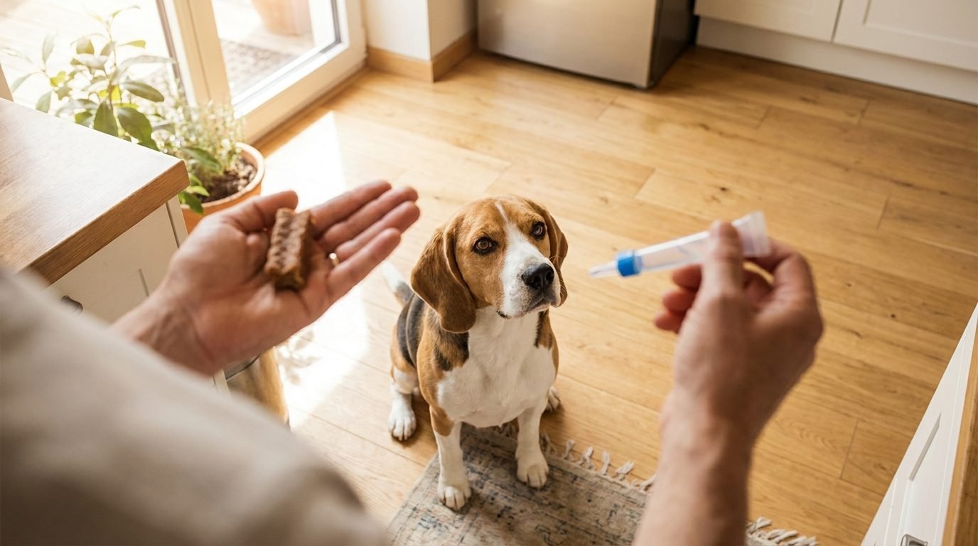 Pet parent con in mano una compressa masticabile e una pipetta antiparassitario, sceglie per il suo cane